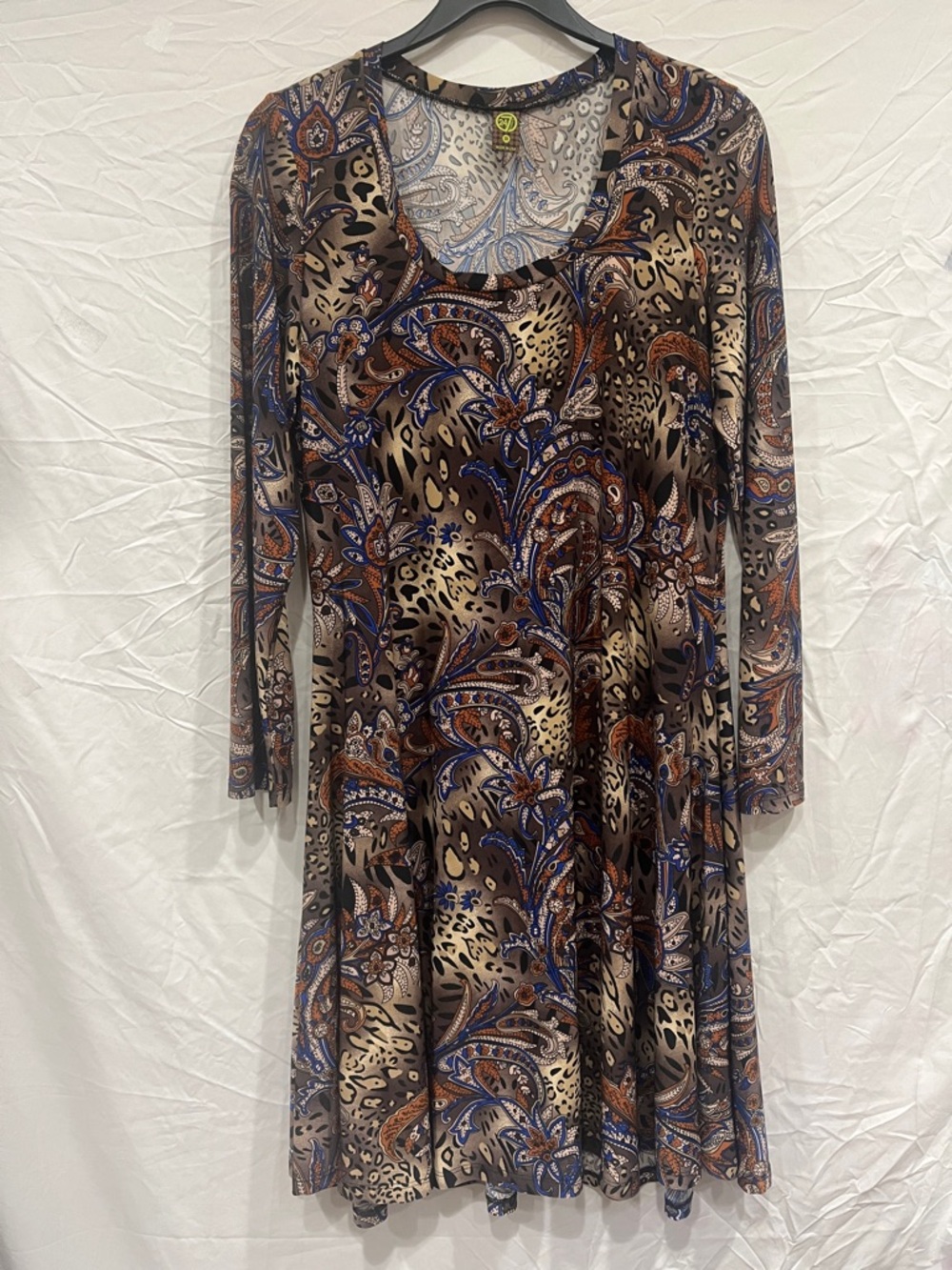 24/7 Comfort Long Sleeve A-Line Swing Dress Scoop Neck Paisley Animal Print